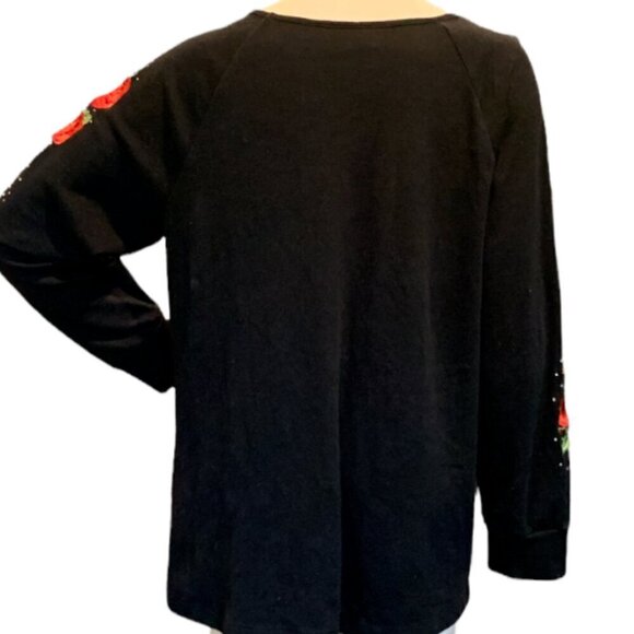 Quacker Factory Top Embroidered Roses  Rhinestones Sz L Black #20A - Picture 5 of 9